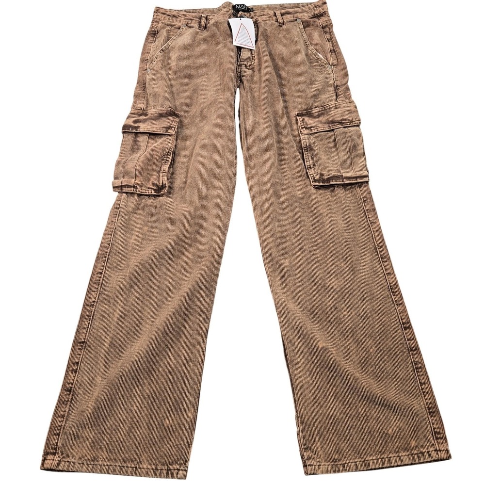 BoohooMAN Pants Mens 36x32 Brown Corduroy Cargo Wide Leg Relaxed Fit Casual